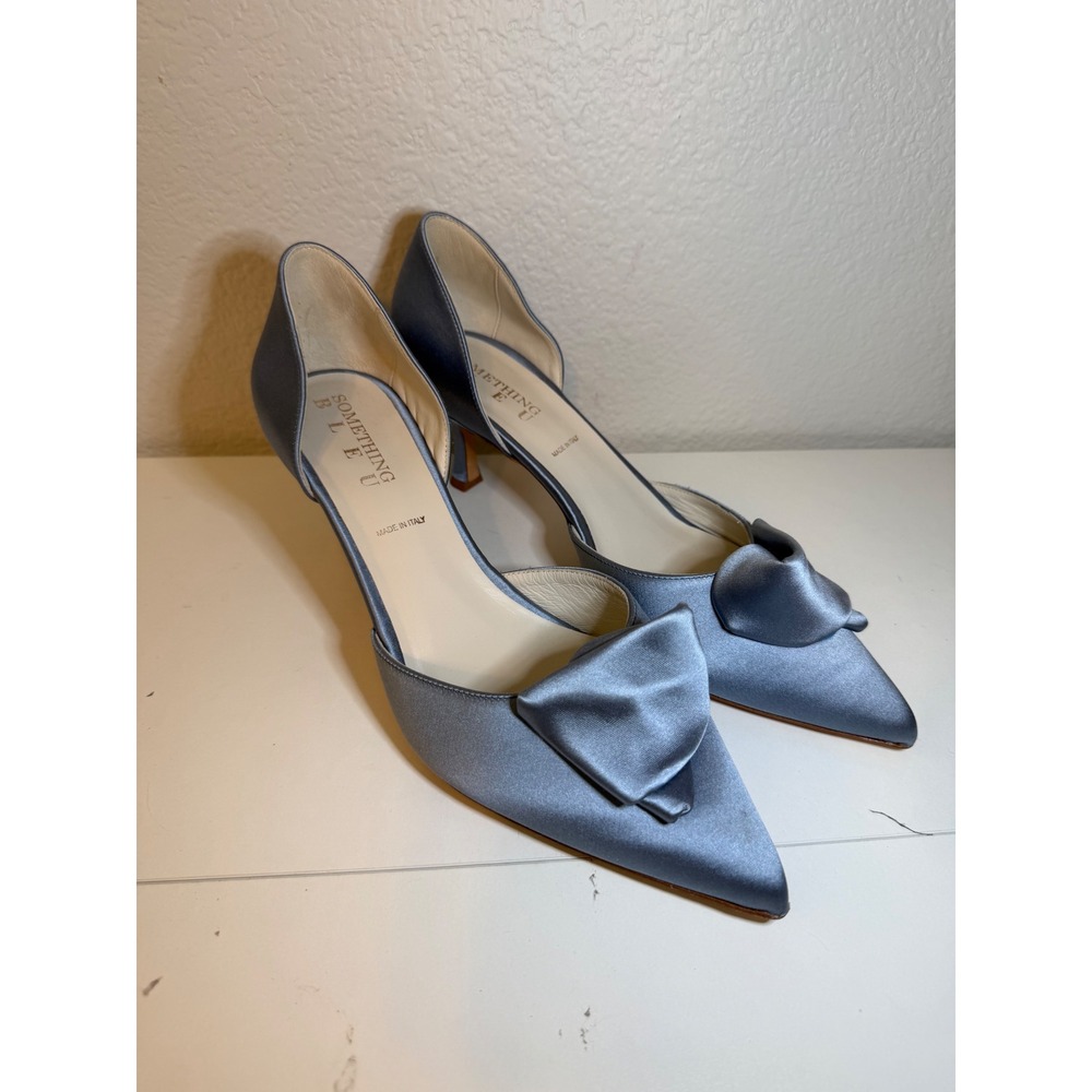 Something Bleu Cappy Satin D'Orsay Bow Pumps Blue Italian Leather Sole Size 10 B - Picture 2 of 8